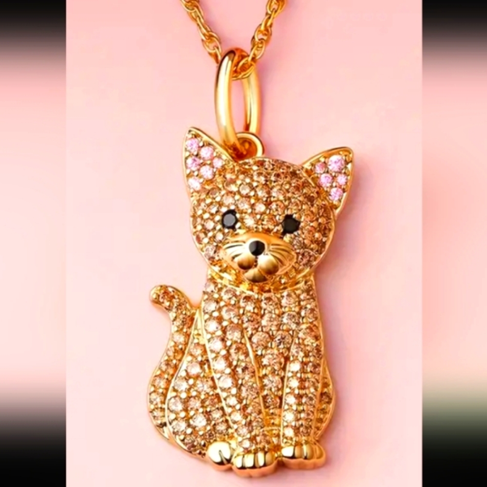 GOLDEN KITTEN PENDANT/PINK TOPAZ EARS 2 IN / 20in CHAIN